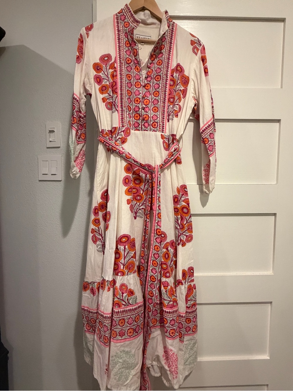 Sue Sartor Flounce Dress in White with Pink & Orange
